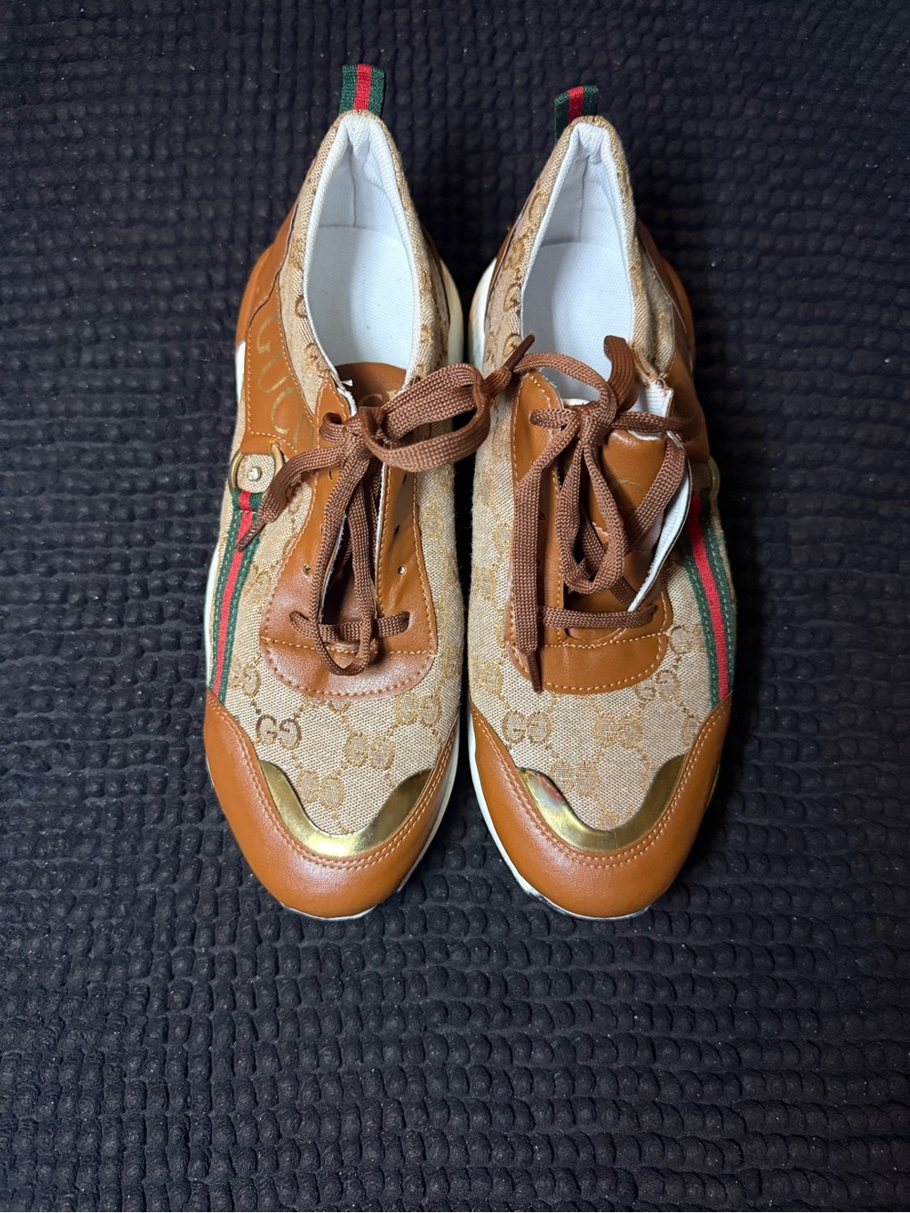 Gucci Brown & Beige GG Canvas Kids Lace-Up Sneakers with Red-Green Web - Picture 4 of 4